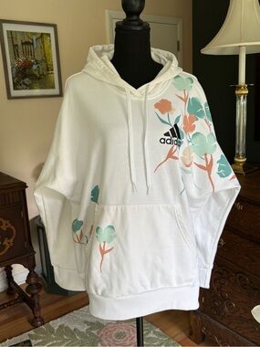 Adidas White Hoodie with Mint Green & Peach Floral Print SZ 1X